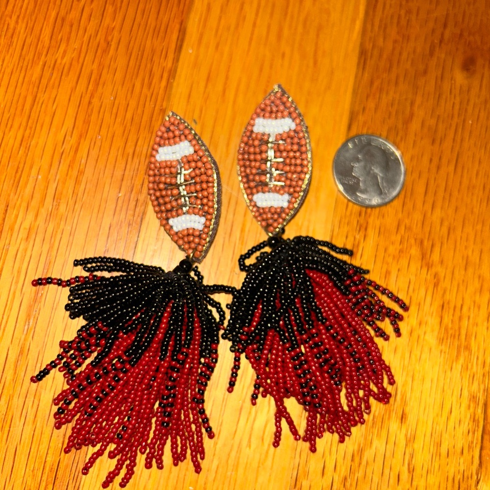 Handcrafted Football Beaded Earrings - Garnet and Black